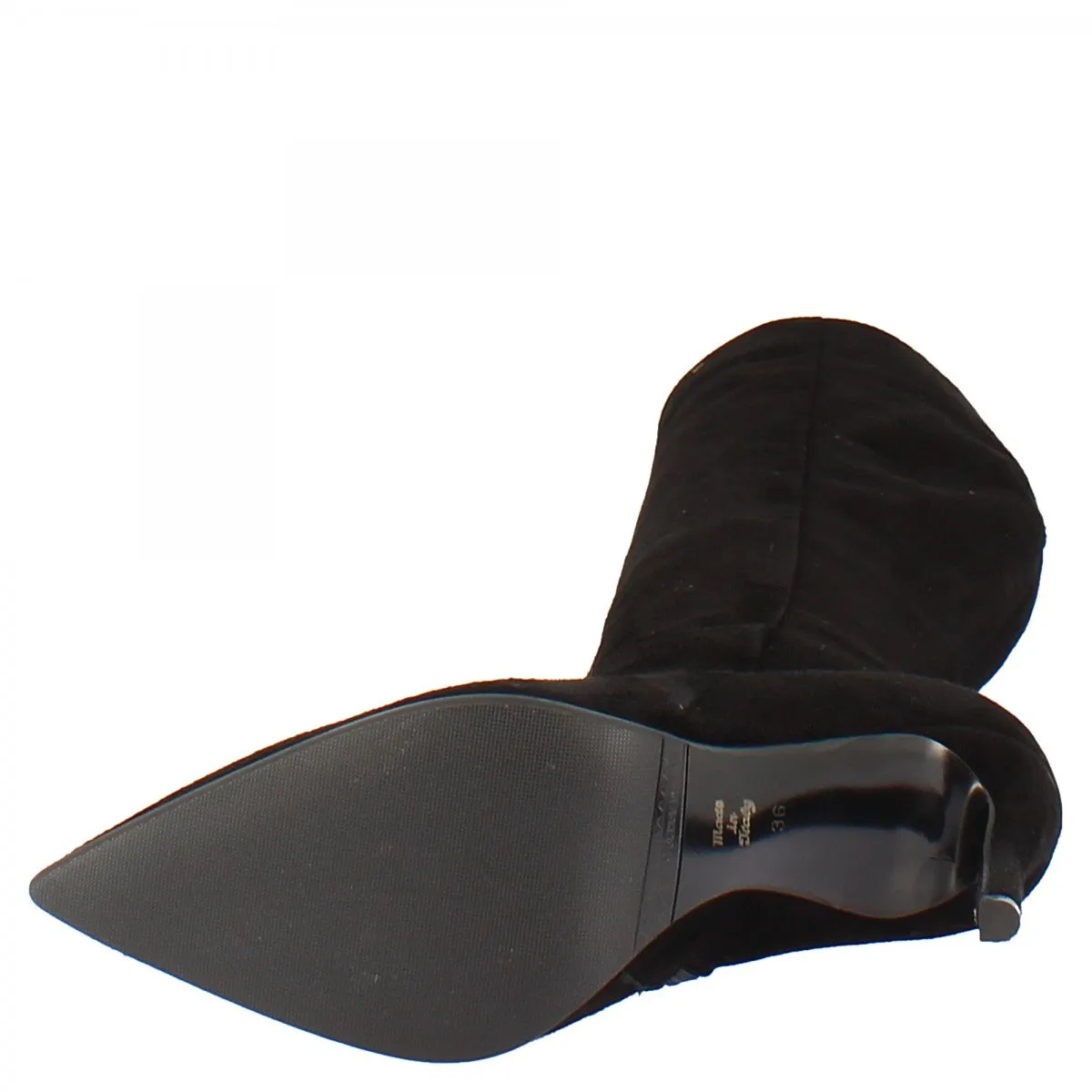 Knee-high handmade black suede leather boots for women with stiletto heels and zipper.