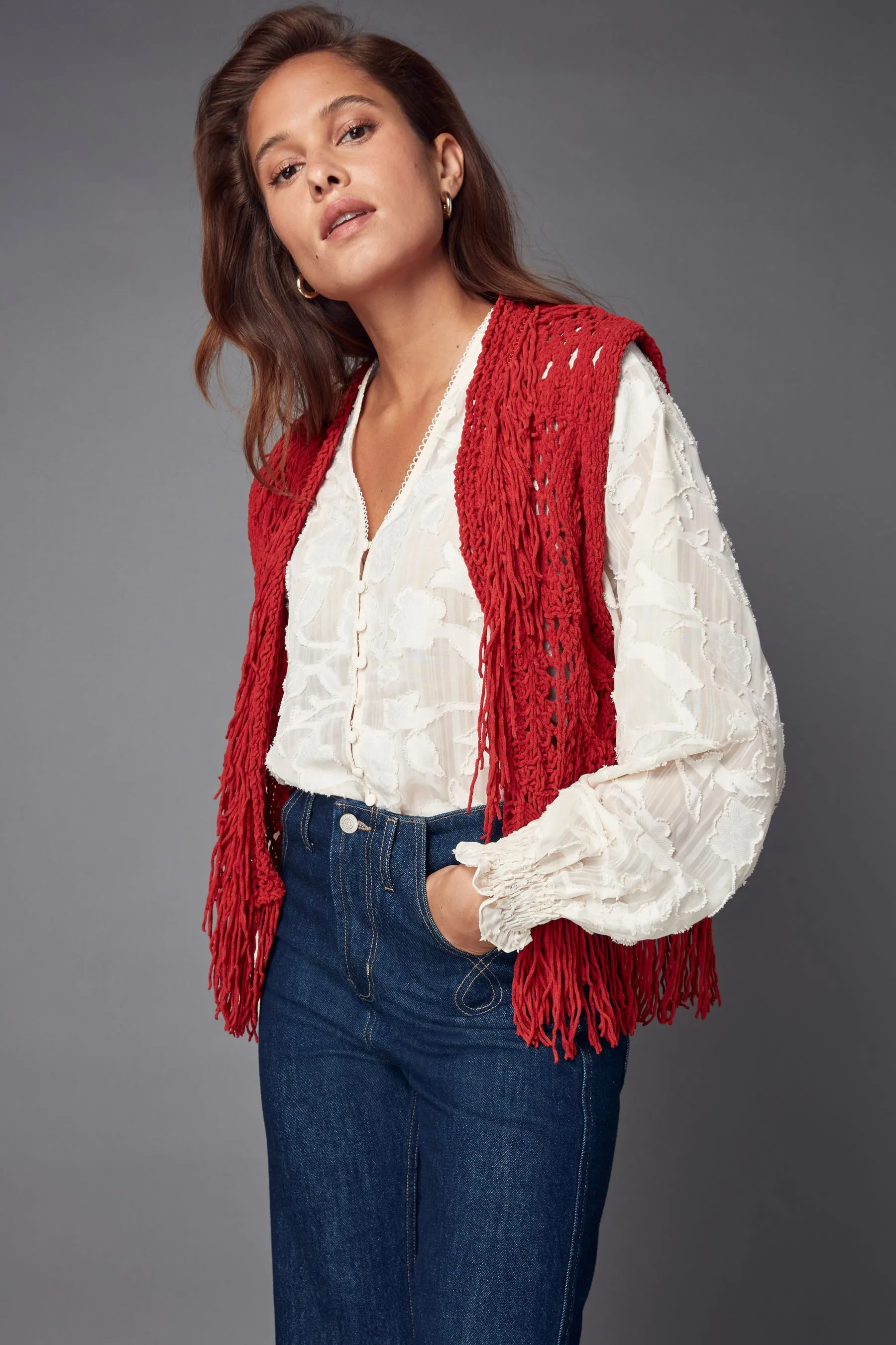 Knitted Open Stitch Fringe Waistcoat    