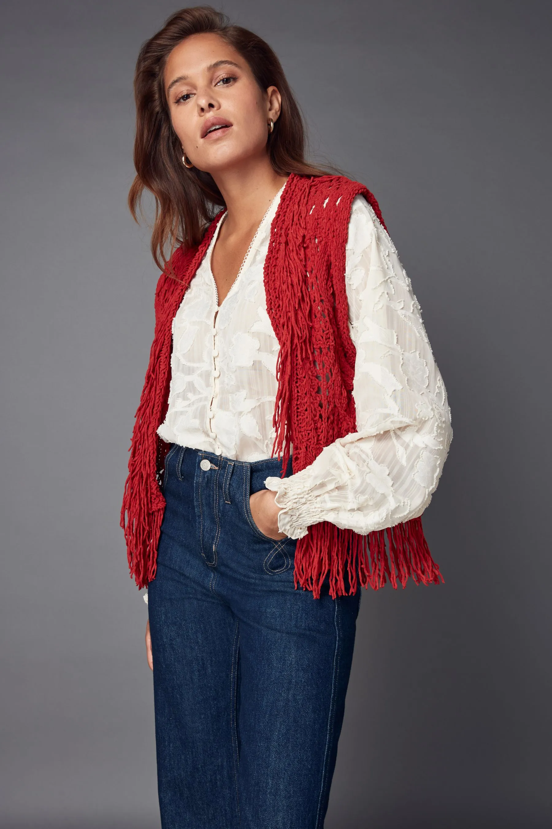 Knitted Open Stitch Fringe Waistcoat    