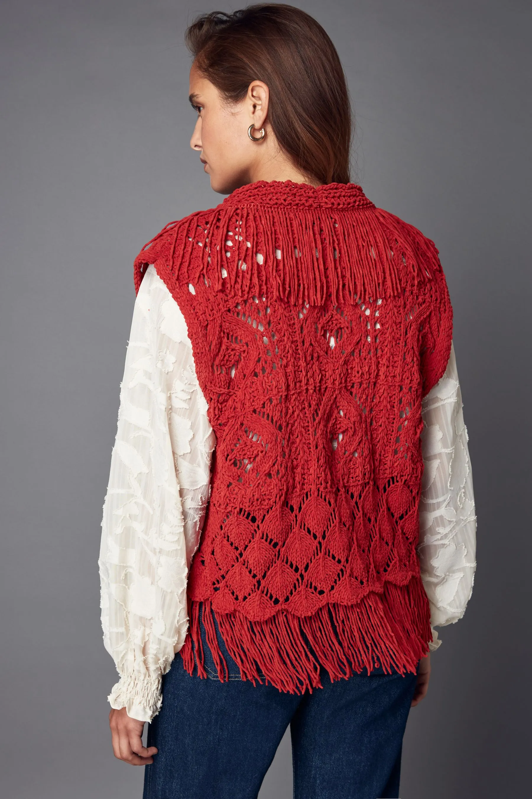Knitted Open Stitch Fringe Waistcoat    