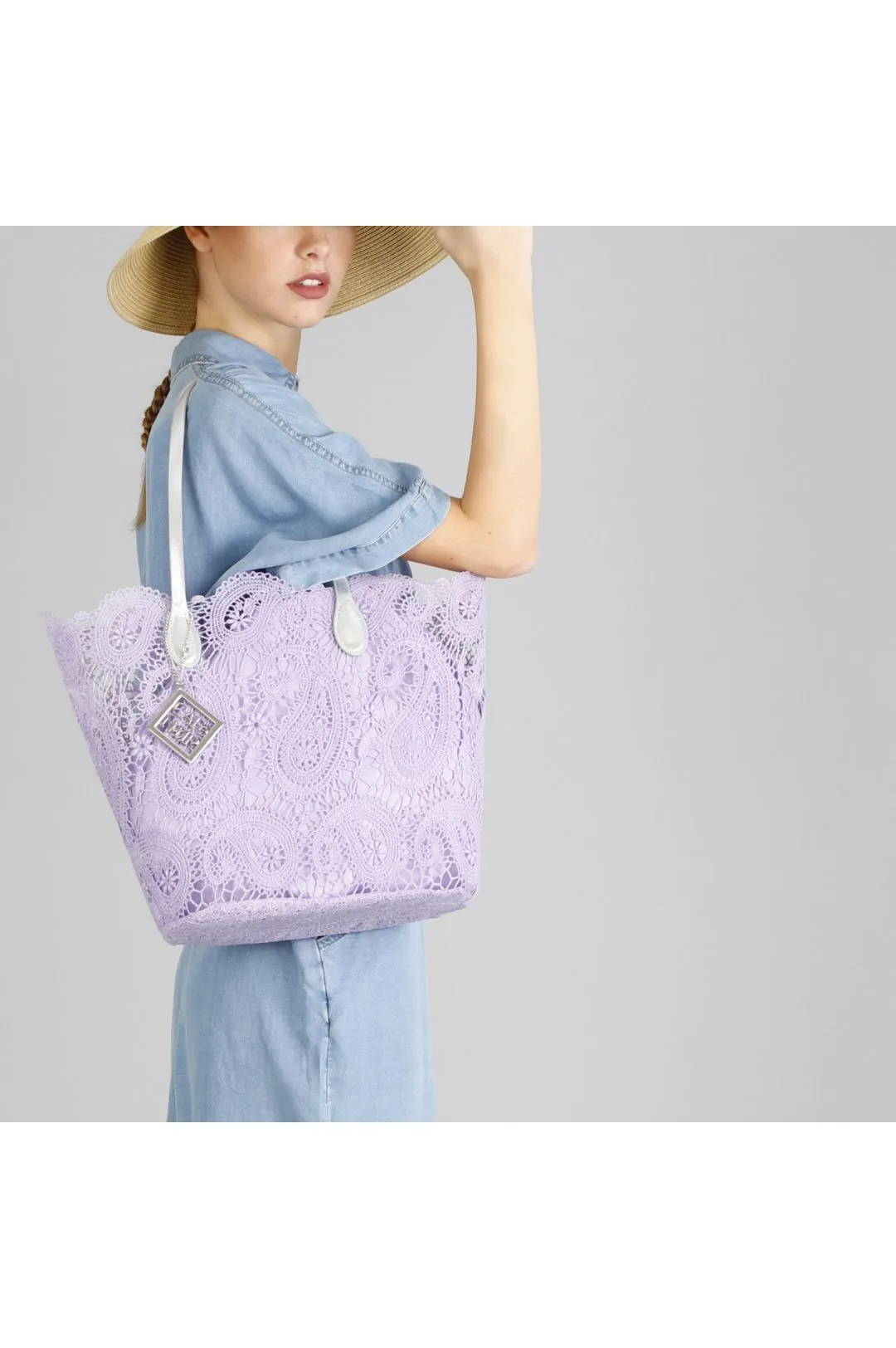 lavender lace shopping bag with internal pouch