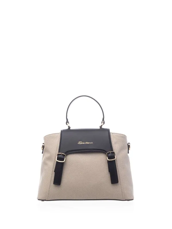 Leather and Canvas Handbag with Shoulder Strap