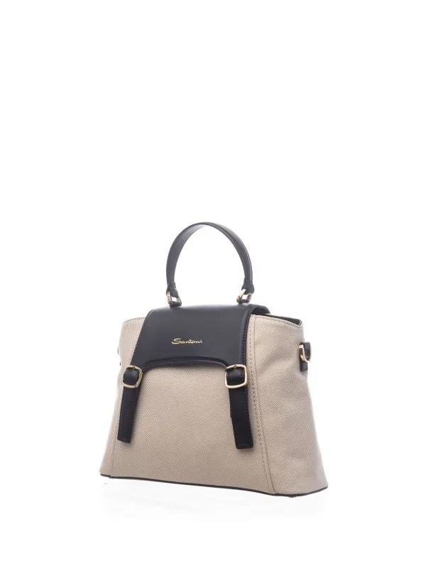 Leather and Canvas Handbag with Shoulder Strap