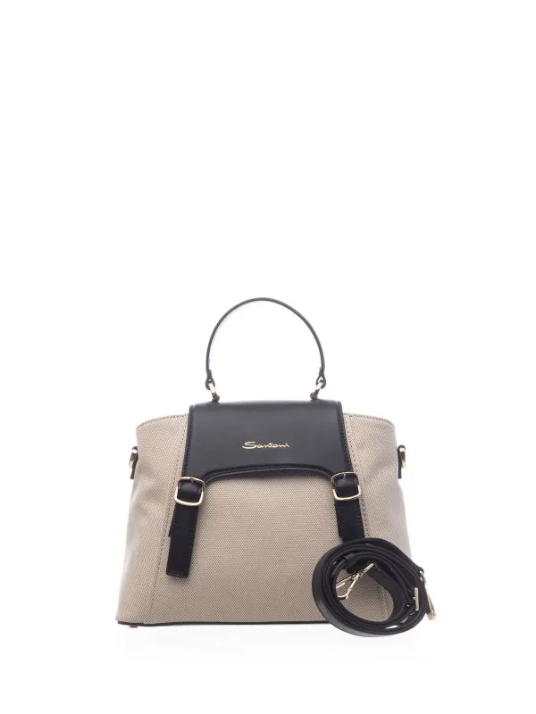 Leather and Canvas Handbag with Shoulder Strap