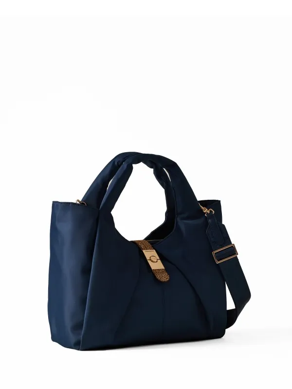 Leather and Fabric Handbag with Shoulder Strap