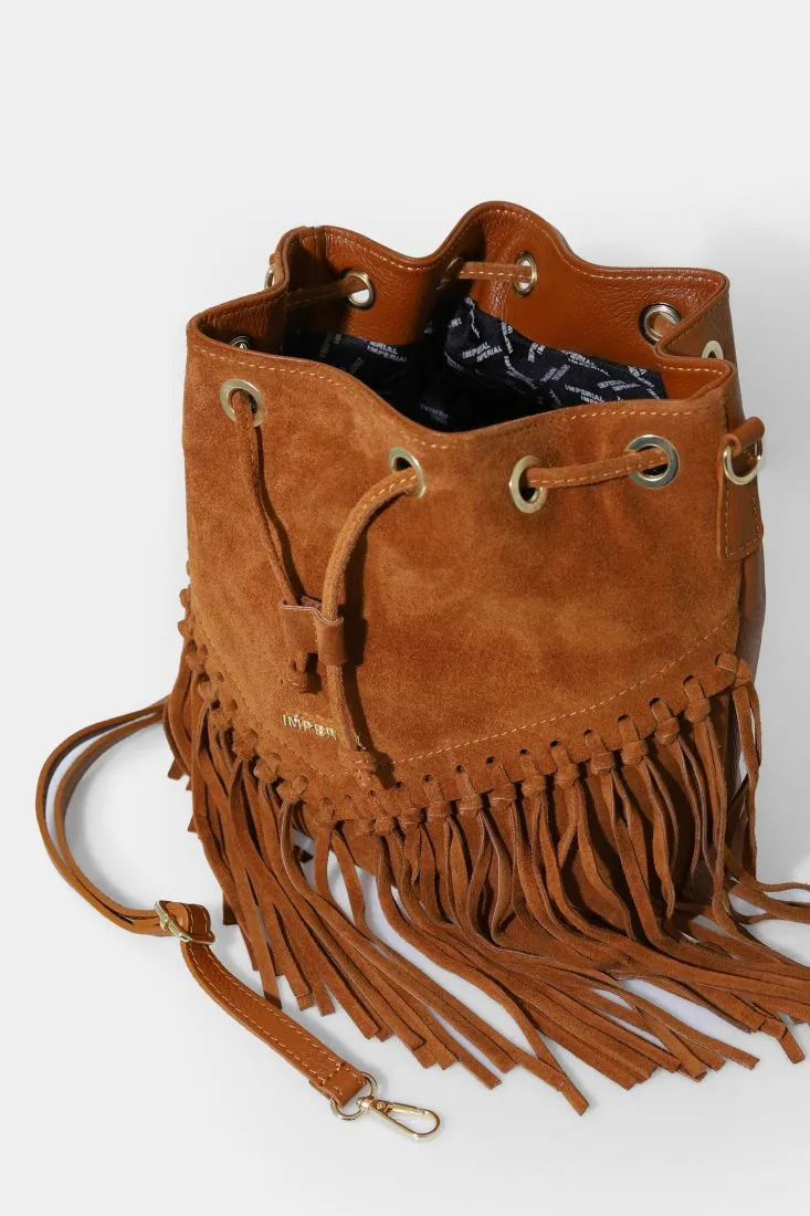 Leather bucket bag with drawstring closure and fringe - Lucky Brand