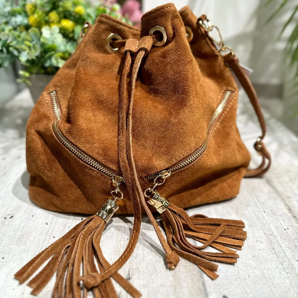 Leather Suede Bucket Bag with Tassel Details and Dual Zippers