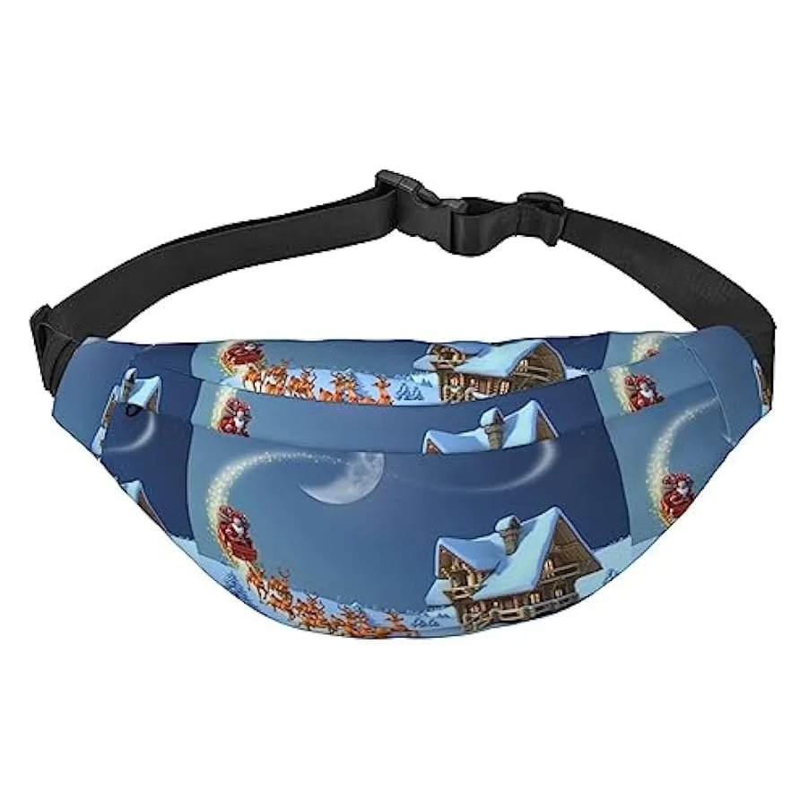 Lightweight Santa Claus and reindeer themed fanny pack, unisex travel fanny pack for hiking, running, cycling, Black.