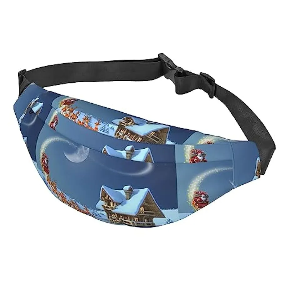 Lightweight Santa Claus and reindeer themed fanny pack, unisex travel fanny pack for hiking, running, cycling, Black.