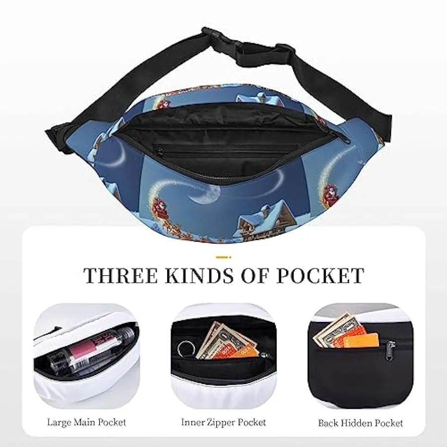 Lightweight Santa Claus and reindeer themed fanny pack, unisex travel fanny pack for hiking, running, cycling, Black.