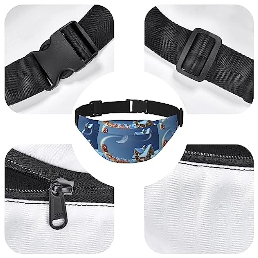 Lightweight Santa Claus and reindeer themed fanny pack, unisex travel fanny pack for hiking, running, cycling, Black.