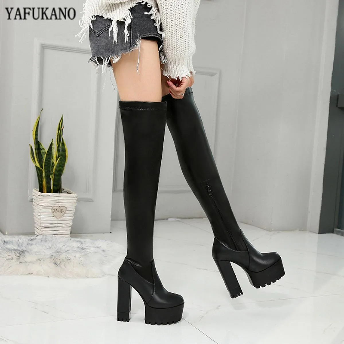 Long boots with 14 cm square heel, over-the-knee boots for women, high heeled stovepipe boots, elastic boots.