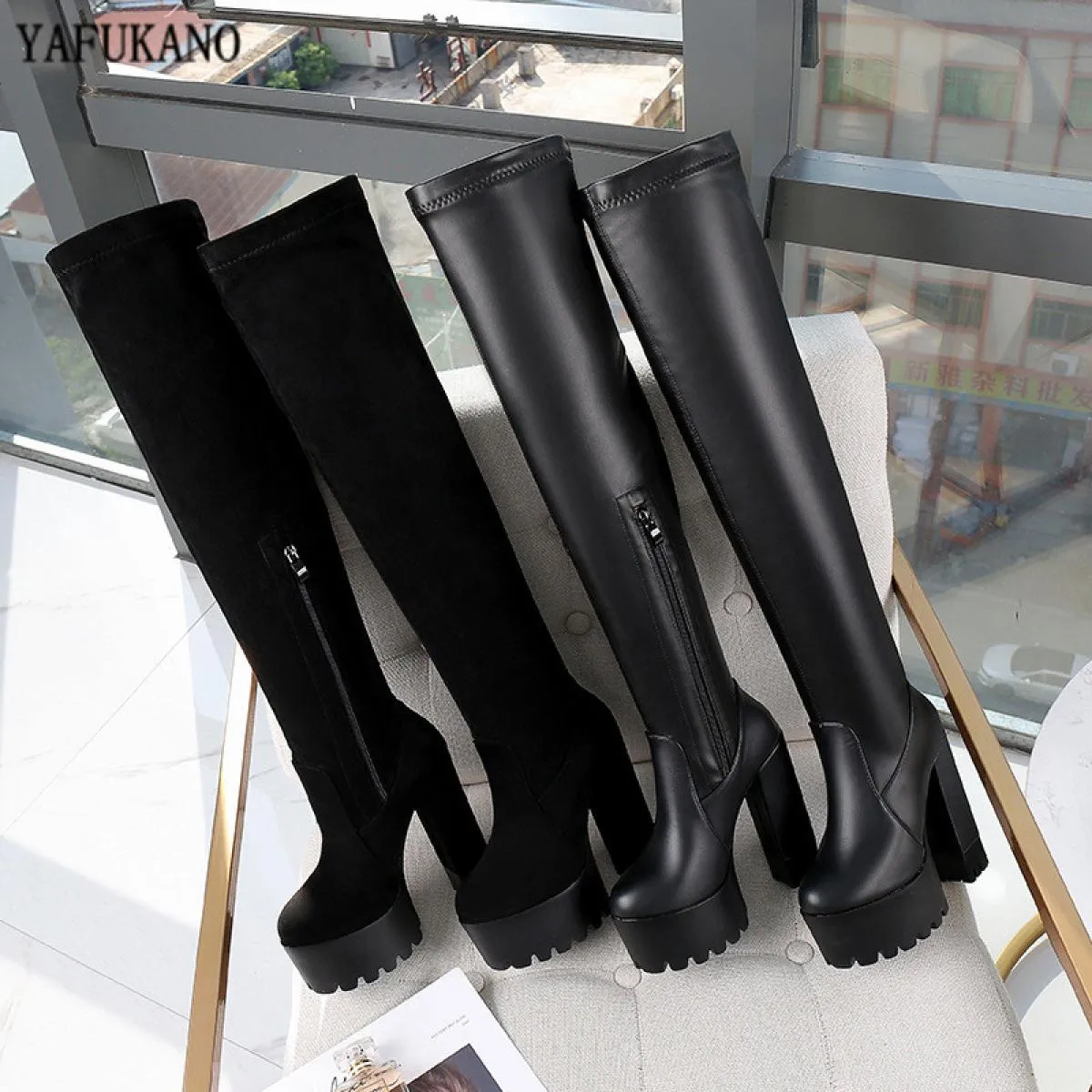 Long boots with 14 cm square heel, over-the-knee boots for women, high heeled stovepipe boots, elastic boots.