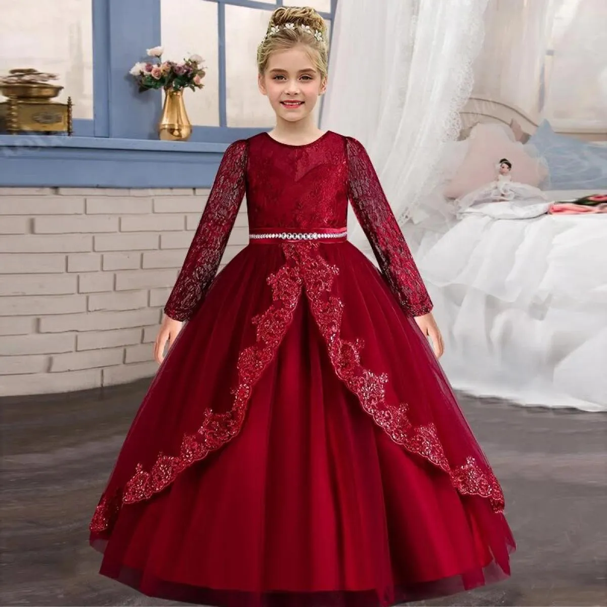 Long Christmas wedding dress for show girl. Long sleeve princess dress for fall clothing.