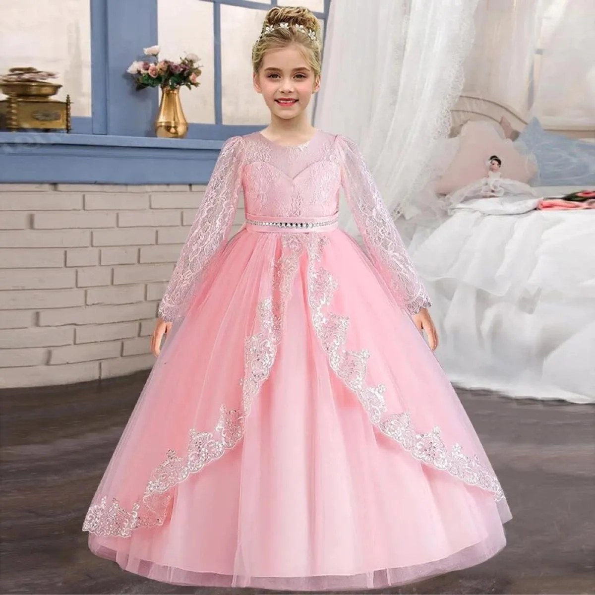 Long Christmas wedding dress for show girl. Long sleeve princess dress for fall clothing.