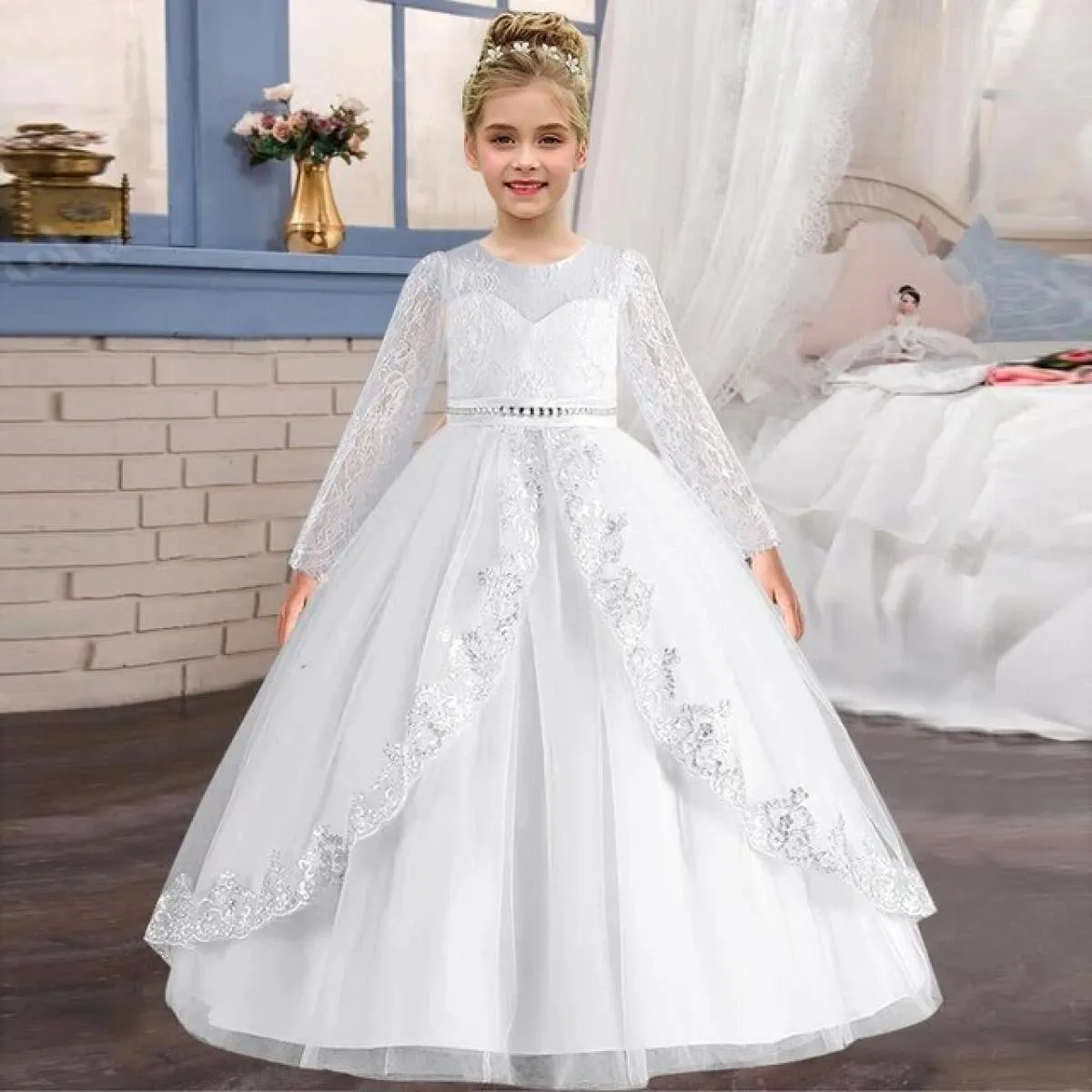 Long Christmas wedding dress for show girl. Long sleeve princess dress for fall clothing.