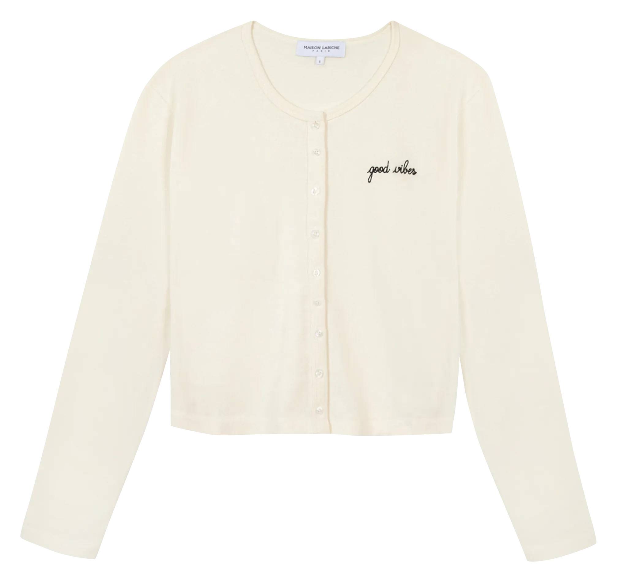  MAISON LABICHE   TOLBIAC GOOD VIBES - Cardigan scollo tondo ricamo Good vibes in cotone bio | Bianco