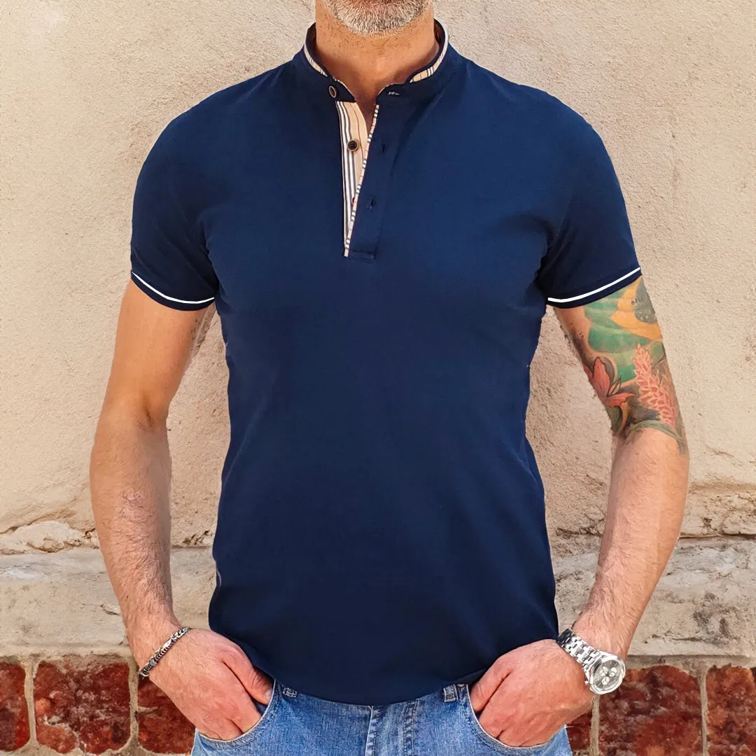 Men's slim fit Korean collar polo in midnight blue.