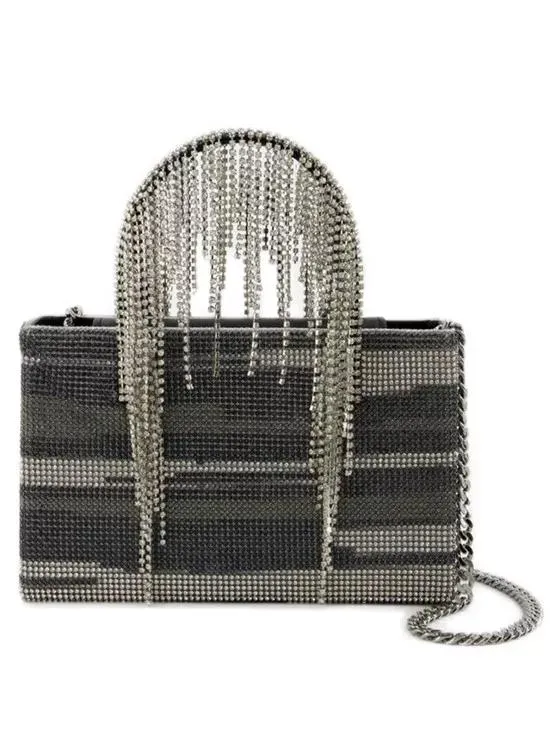 Midi Crystal Fringe Handbag in Black Stripes by Kara - Str Black