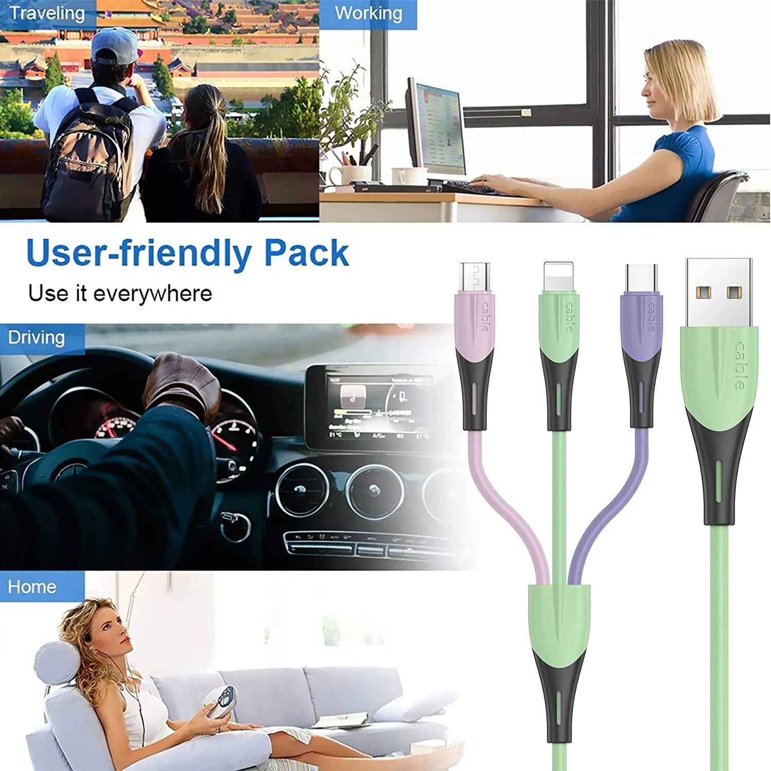Multi Cavo di Ricarica, 3 in 1 Multiplo Cavetto Micro USB Tipo C Nylon Intrecciato Cavo di Ricarica USB per Phone 11/XS/XR, Sams