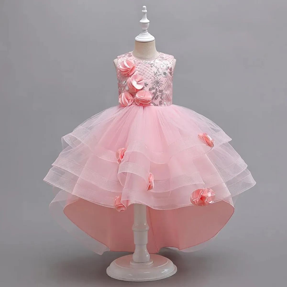 New girls' drag tail mesh petal princess dress for formal Christmas dinner stunning cocktail party dress.