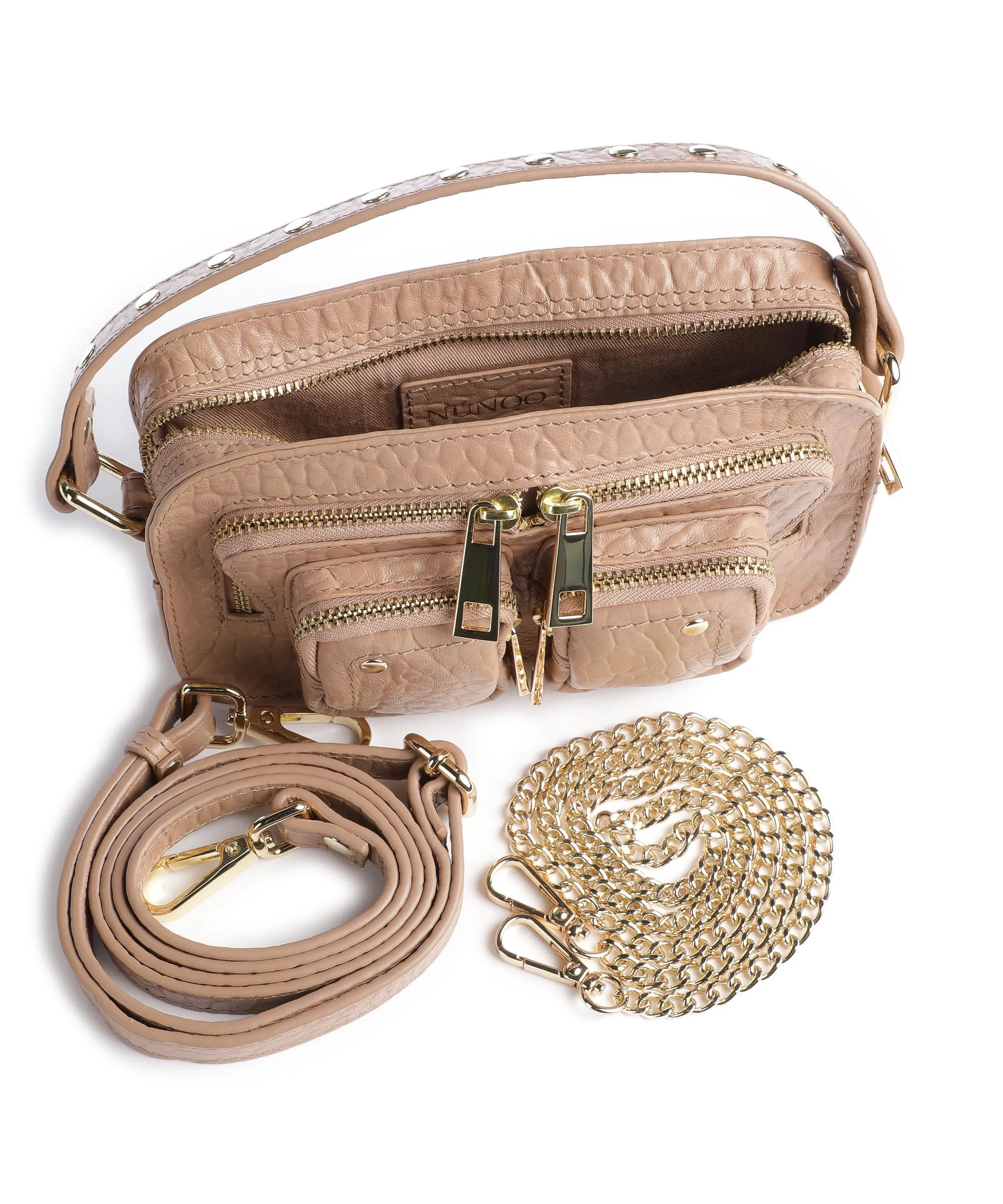 Núnoo New Zealand Helena Light Brown Embossed Leather Crossbody Bag