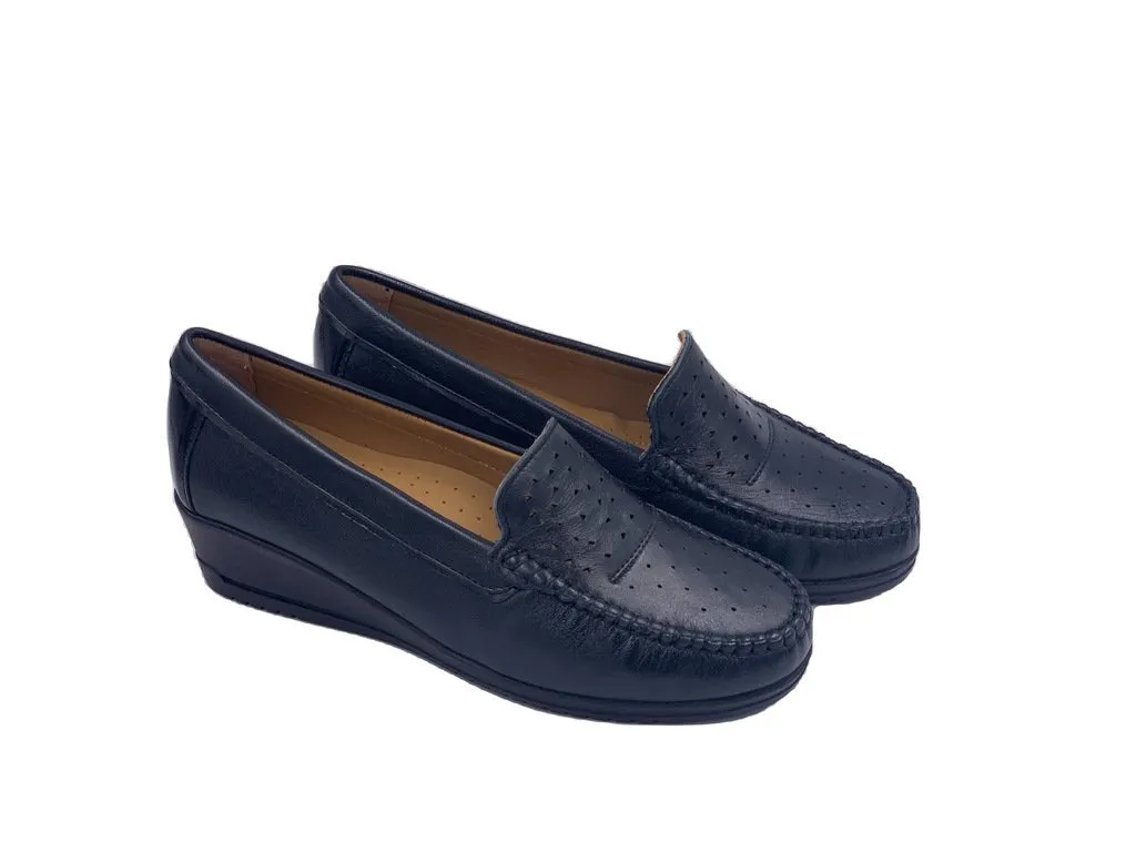 Perforated wedge moccasin loafers