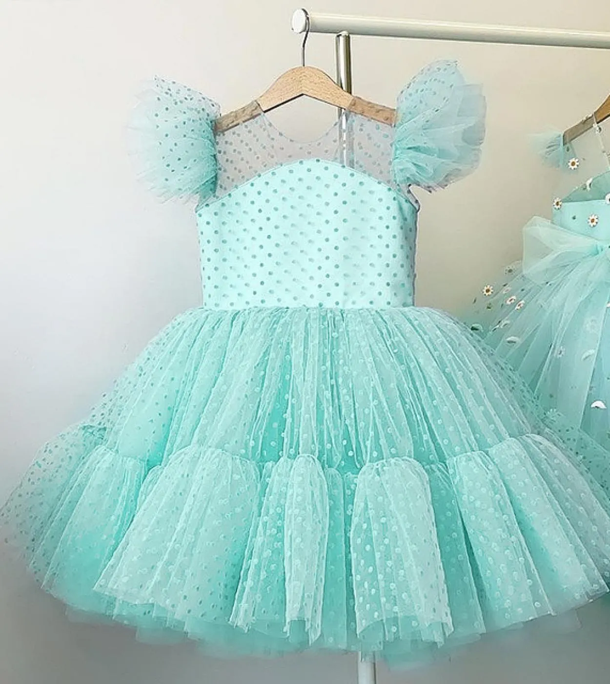 Princess polka dot dresses for girls - Sleeve with ruffles - Children - Wedding - Birthday party - Tulle dress - Green - Christm