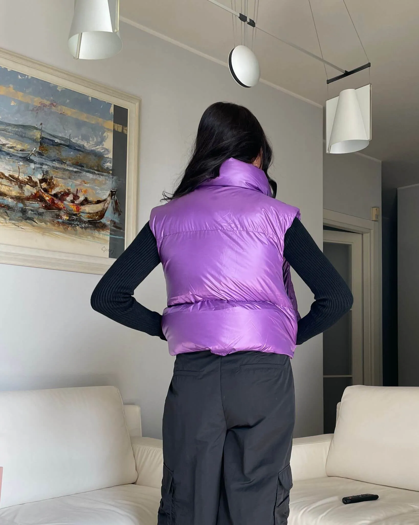 Purple padded shiny vest.