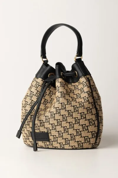 Rafia straw/black bucket bag