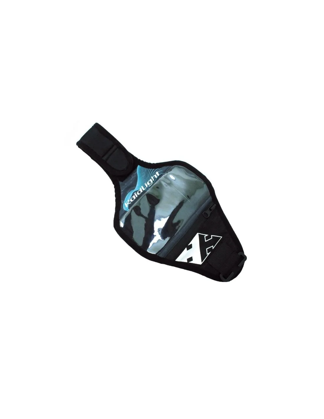 Raidlight smartphone arm holder in black and turquoise.