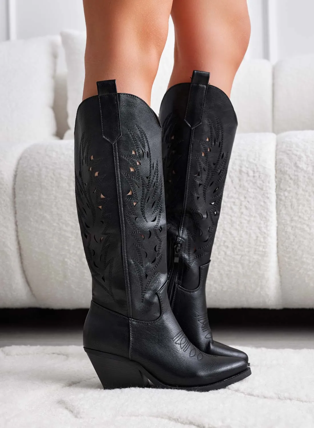 Raquel - Black Perforated Camperos Boots.