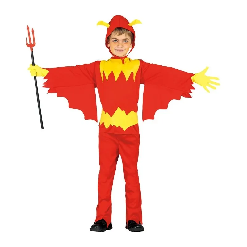 red devil costume for Halloween and Carnival, age 7-9, complete with belt, hood, pants, and shirt, made of 100% polyester.