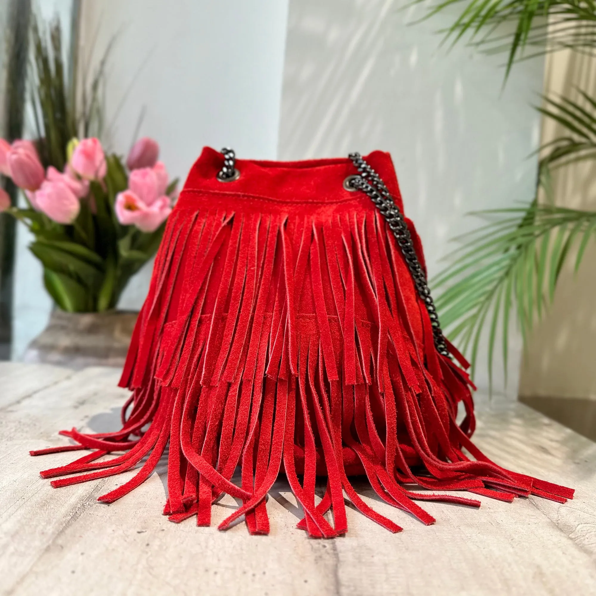 Red Suede Bucket Bag with Fringe