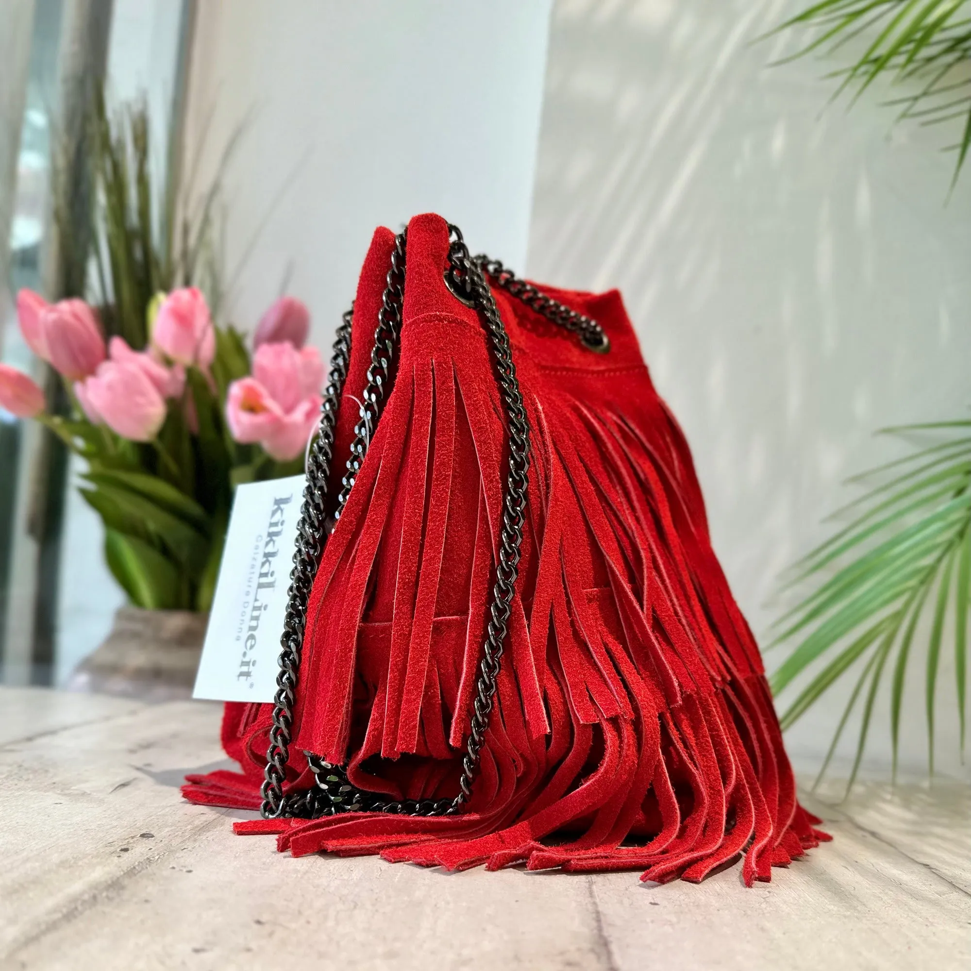 Red Suede Bucket Bag with Fringe