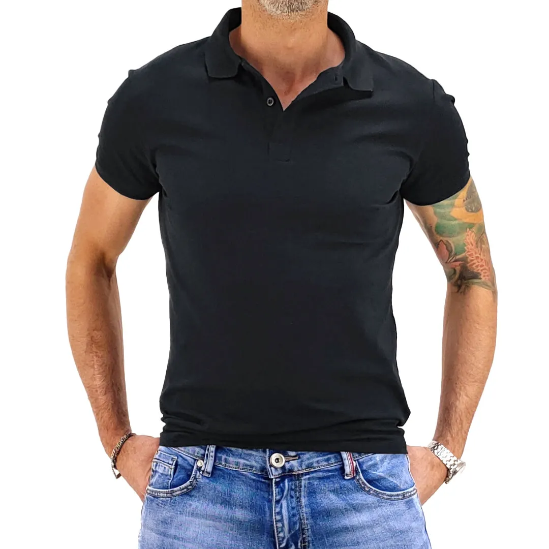 Short-sleeved black polo shirt.