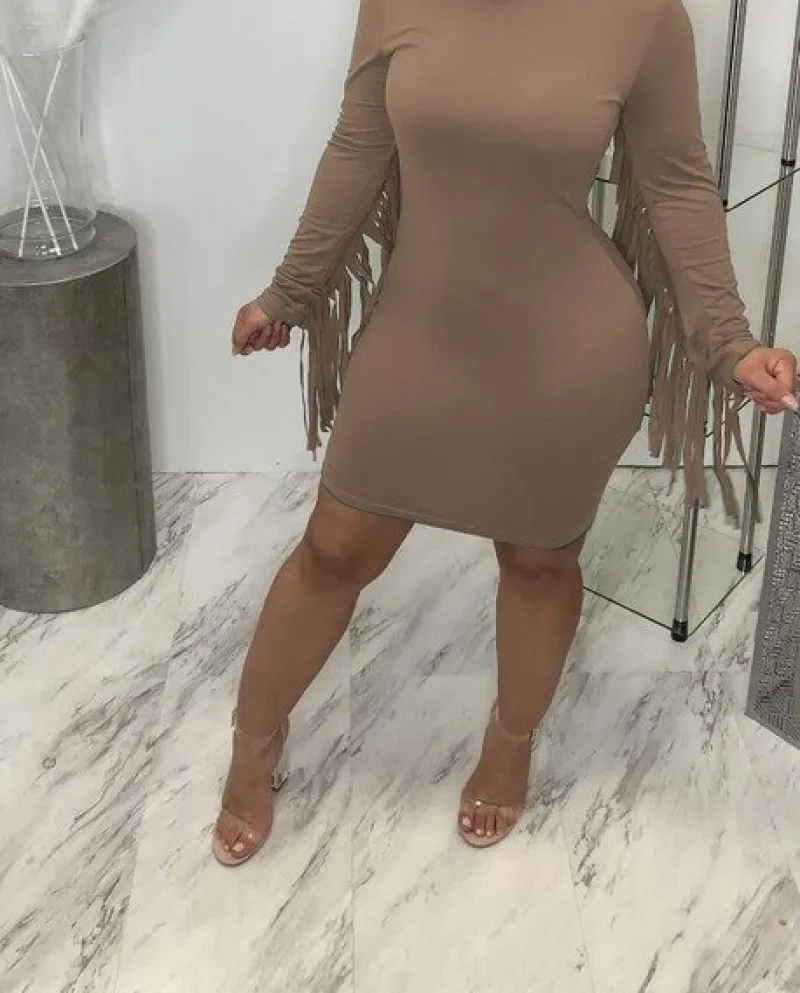 Solid Bodycon Wrap Long Sleeve Party Wear Fringe Crew Neck Elegant Tight Women Fall Club Dress