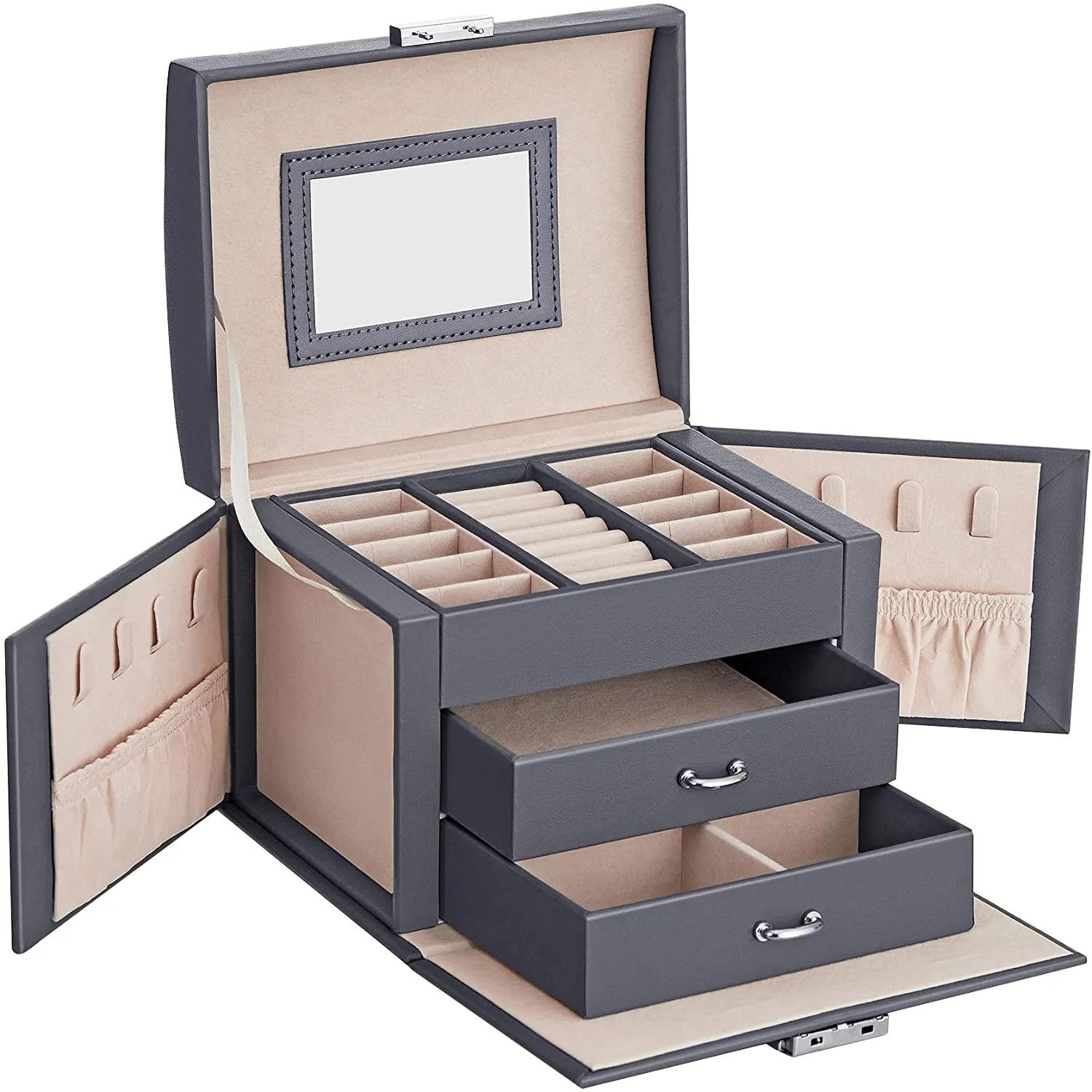 Travel Jewelry Box, Portable Jewelry Storage Case, 2 Drawers, Mirror, Christmas Gifts, SONGMICS