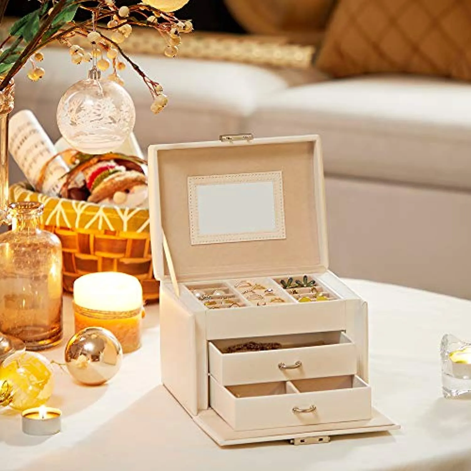 Travel Jewelry Box, Portable Jewelry Storage Case, 2 Drawers, Mirror, Christmas Gifts, SONGMICS