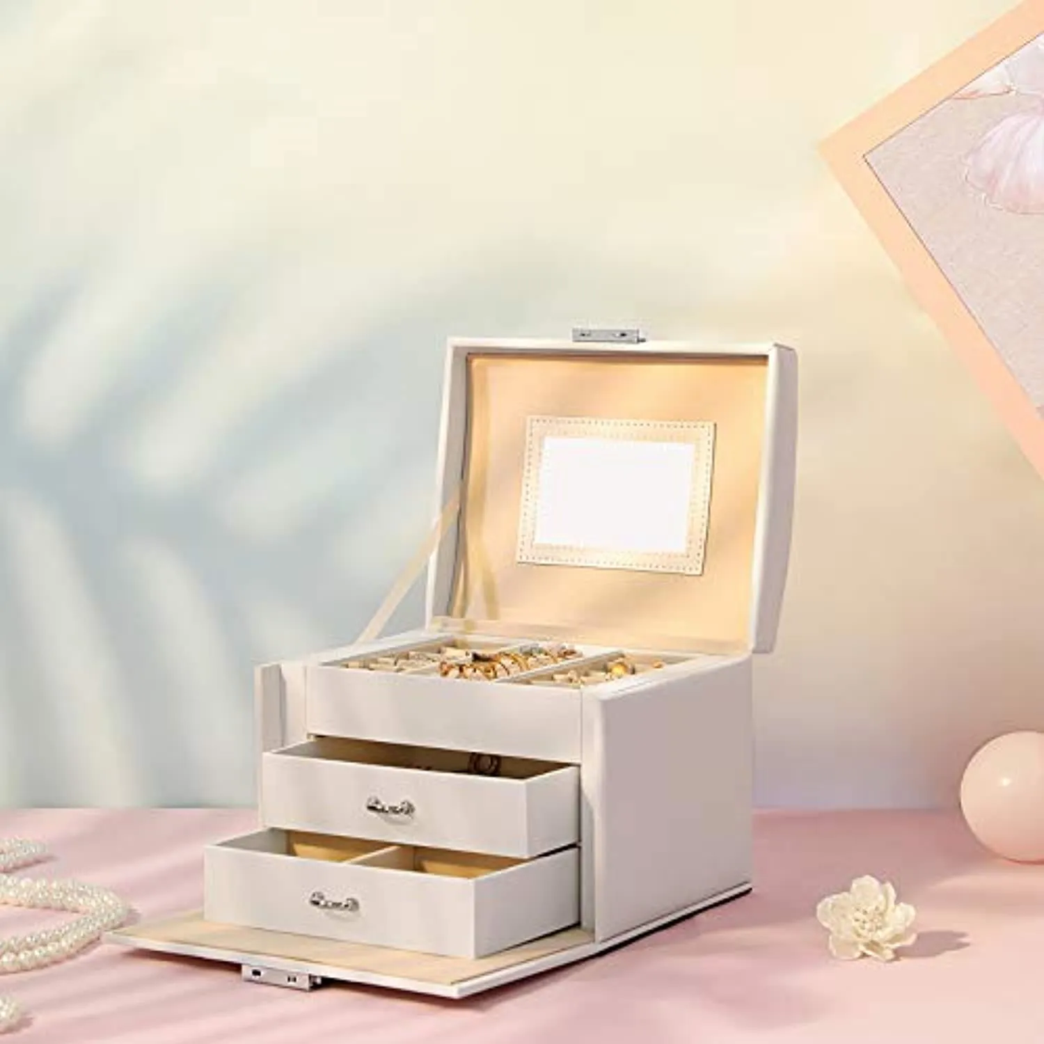 Travel Jewelry Box, Portable Jewelry Storage Case, 2 Drawers, Mirror, Christmas Gifts, SONGMICS