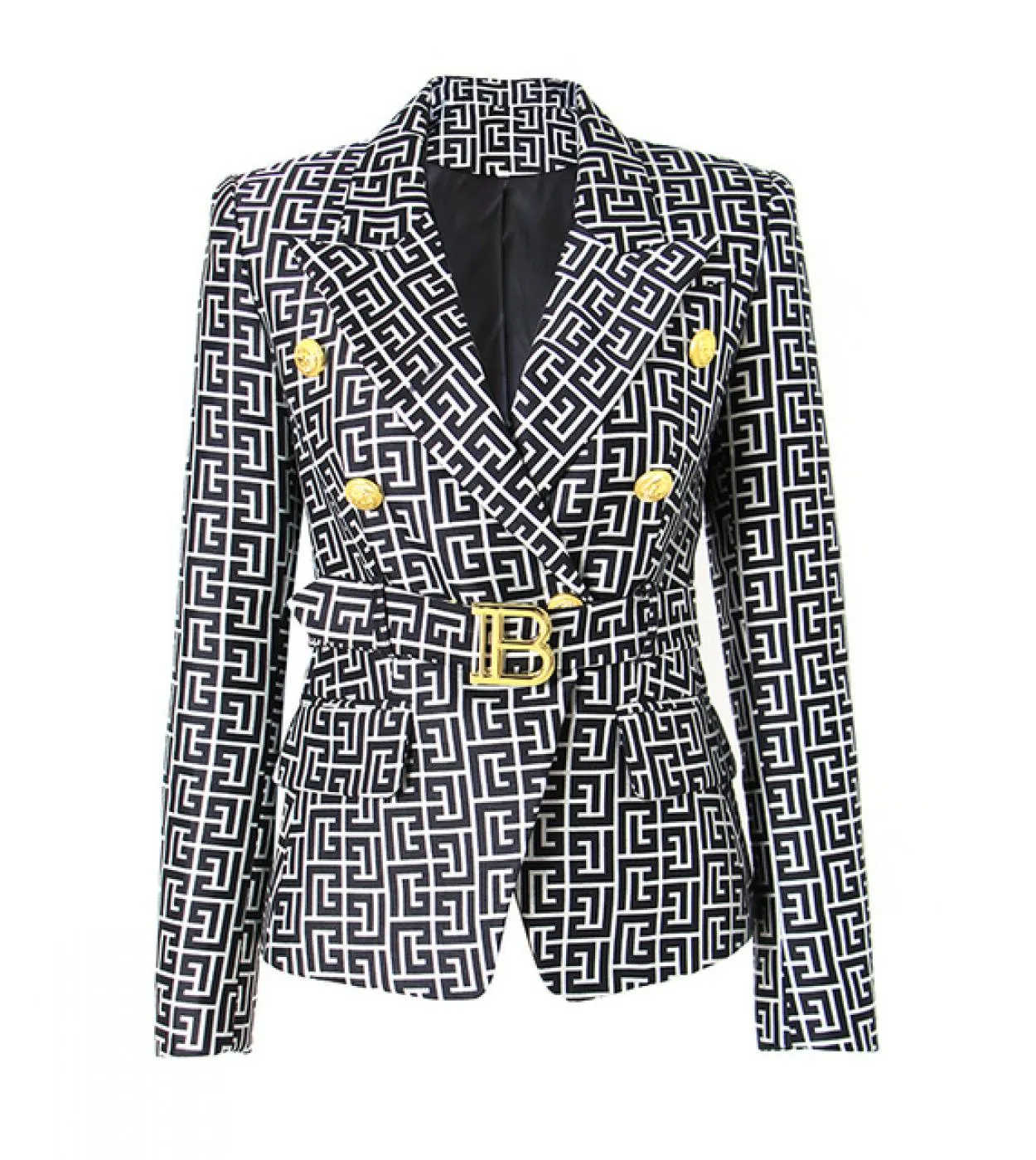 Stile formale Eourpean Designer Colletto dentellato Lavoro Lady Motivo geometrico Cintura Donna Blazer di qualità Giacche da lav