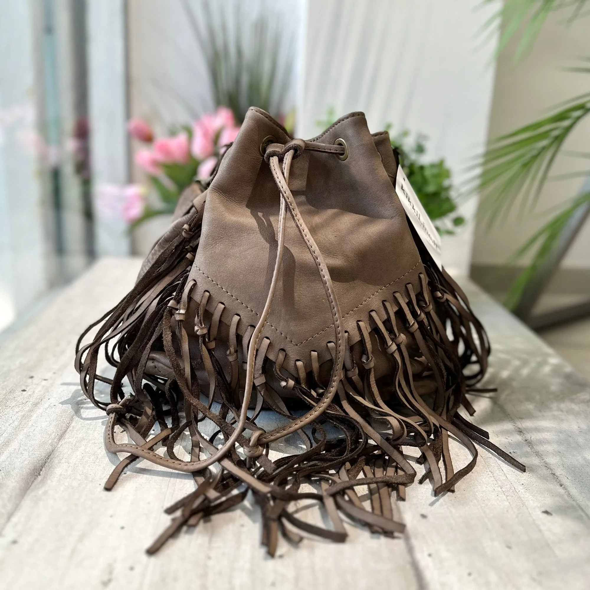 Taupe Vintage Nubuck Leather Fringe Bucket Bag