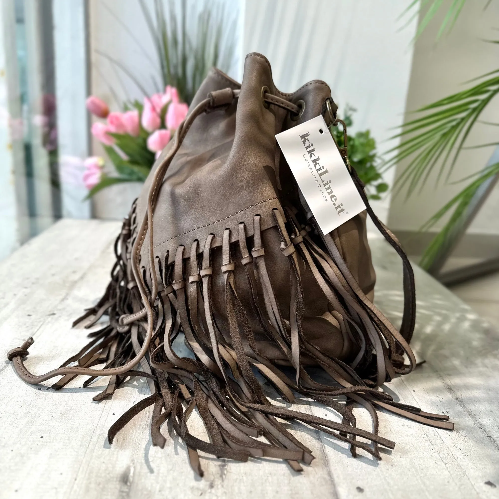 Taupe Vintage Nubuck Leather Fringe Bucket Bag