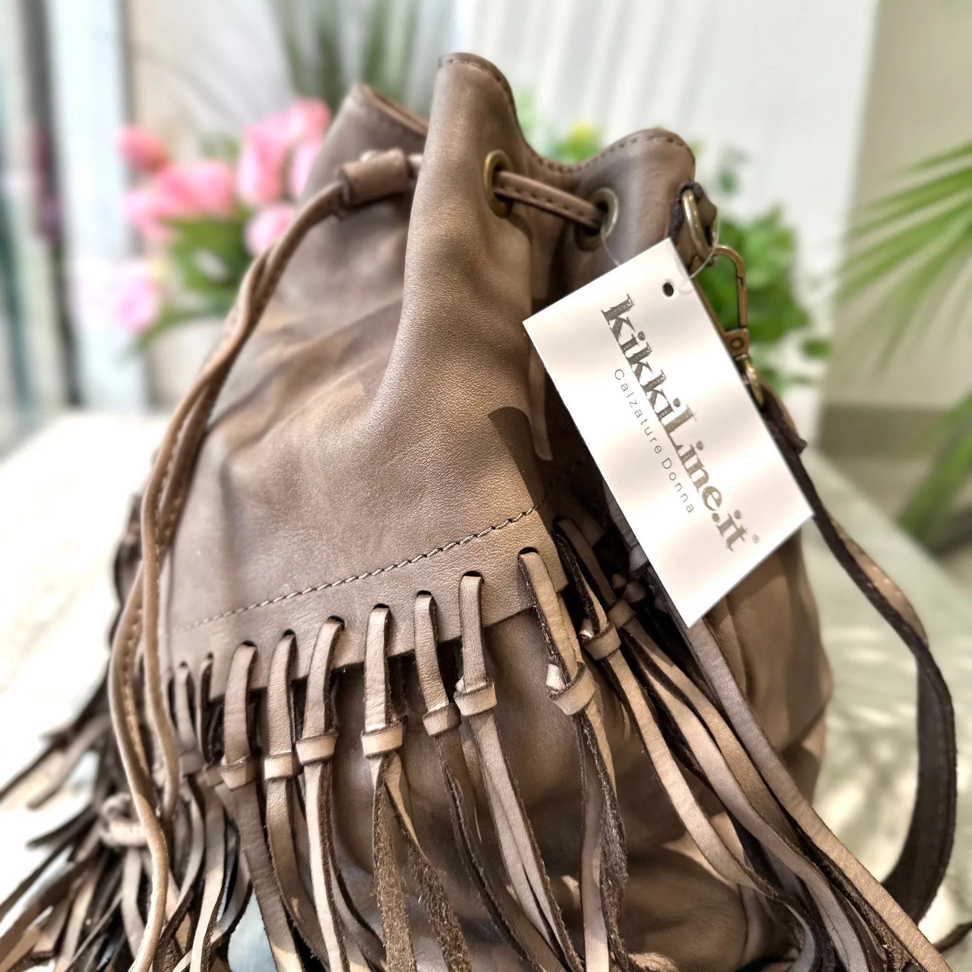 Taupe Vintage Nubuck Leather Fringe Bucket Bag
