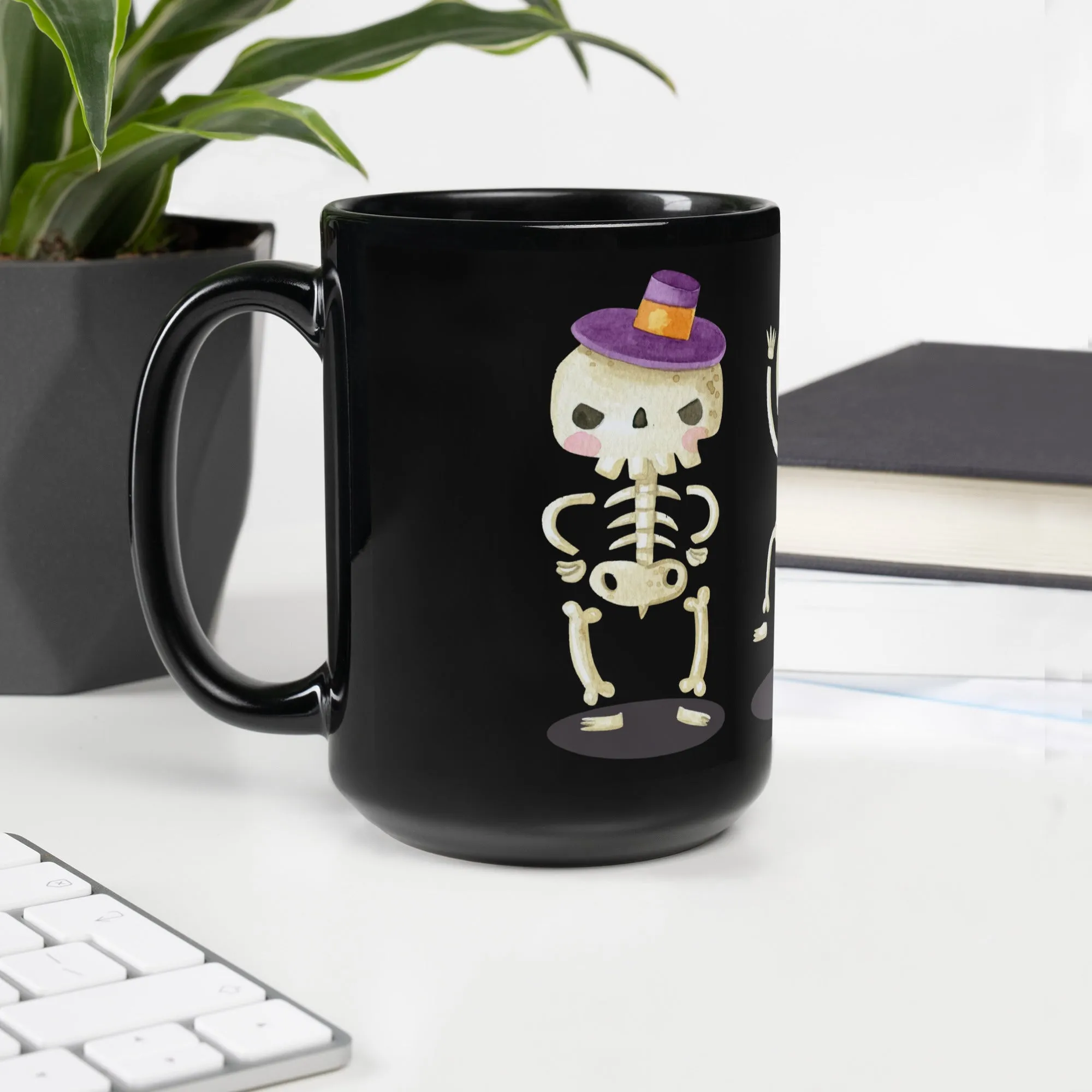 Tazza nera lucida con scheletri di Halloween
