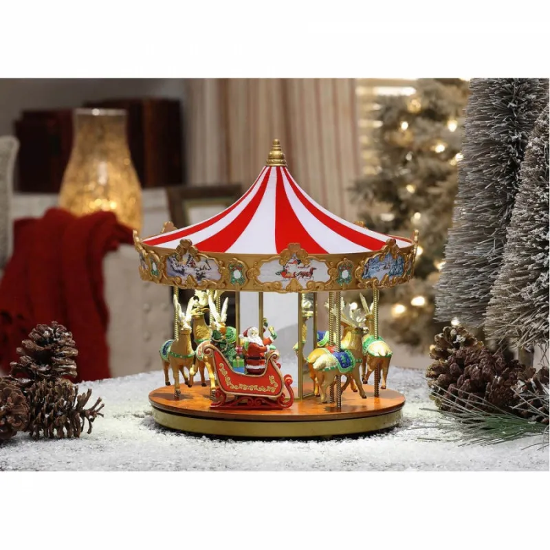 Joyful Christmas Carousel 33x30cm - Santa Claus on Sleigh Slides Lights Musics 25 Tunes Battery Powered