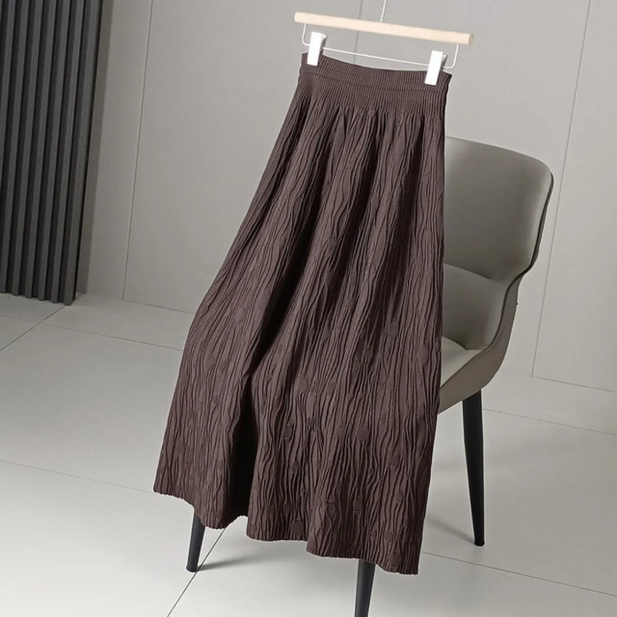 Vintage High Waist Anti-Wrinkle Swing A-Line Skirt - Long Knitted Bark Pattern Women's Skirt