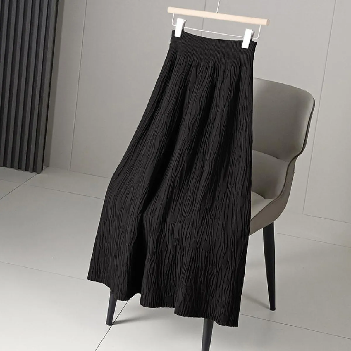 Vintage High Waist Anti-Wrinkle Swing A-Line Skirt - Long Knitted Bark Pattern Women's Skirt