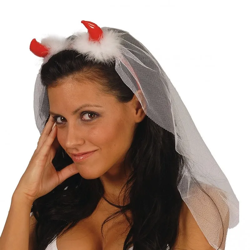 White Veil Diadem with Soft Red Fabric Padded Horns for Halloween and Carnival Parties