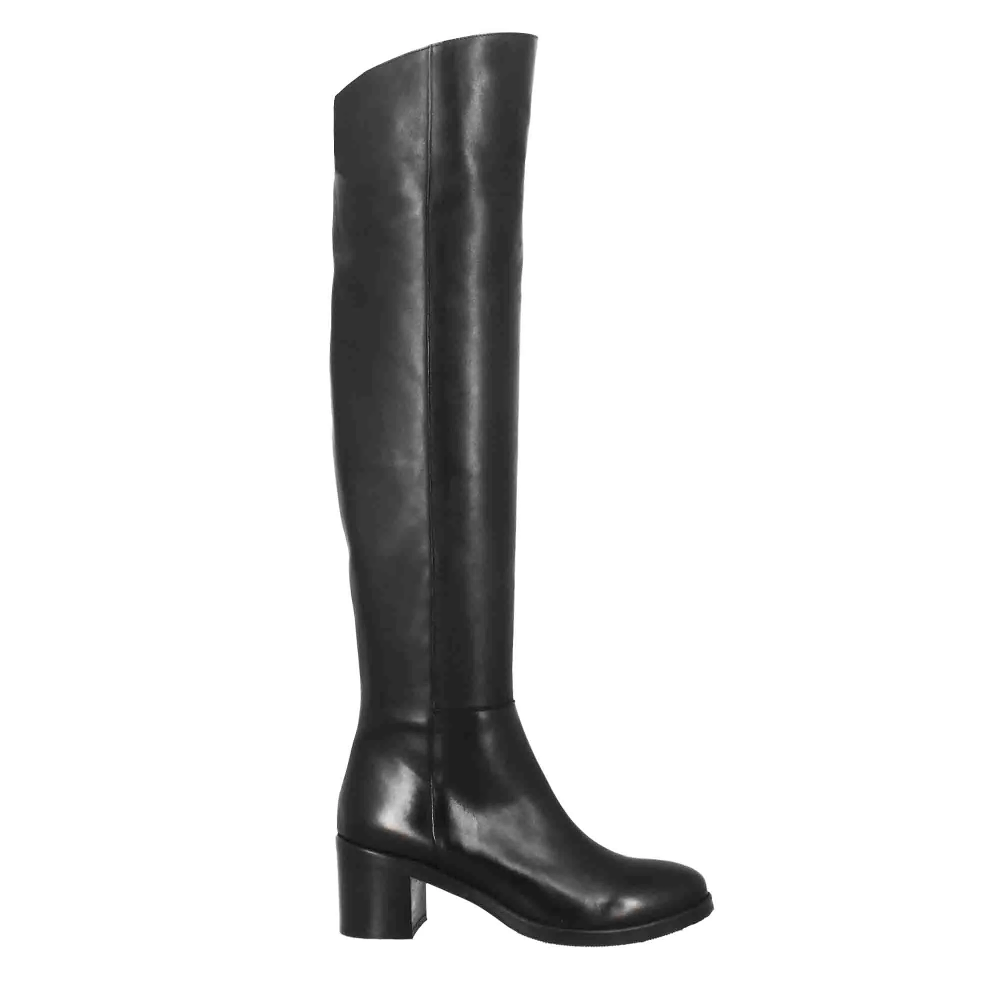 Women's smooth black leather over-the-knee boots with medium heel